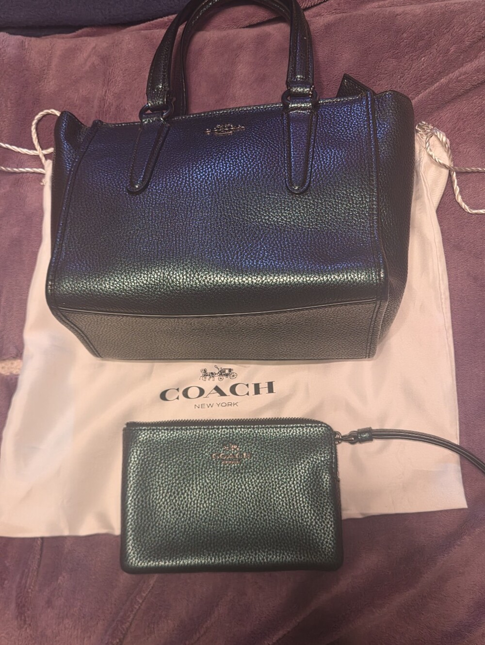 Coach Crosby Carryall Satchel Metallic Oilslick w/ Zip Pouch and Coach dustbag